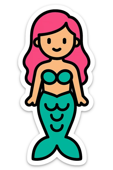full length mermaid with pink hair, blue eyes, turquoise green tail, minimal detail, lineal color icon style sticker