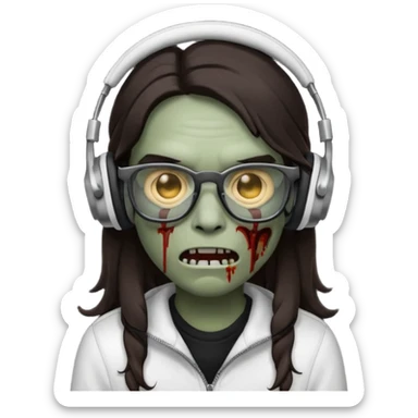 Zombie emoji with a split middle long dark brown hair part style with black glasses and white wired headphones sticker