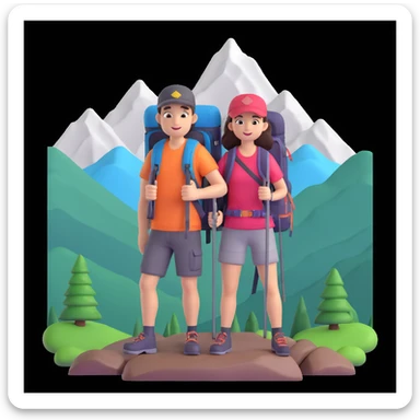 back packer couple posing, mountains in background,   close up pose sticker
