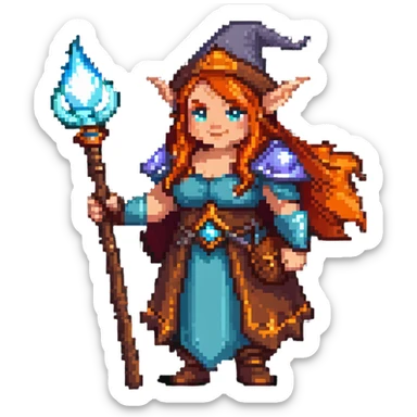 female dwarf sorcerer from DnD, fantasy outfit, holding a magical staff sticker