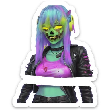 .Zombie_ wearing punk clothes Vaporwave black holographic oilslick zombie unicorn yellow caution tape sticker