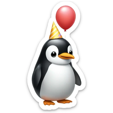Penguin wearing a birthday hat holding a balloon sticker