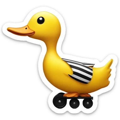 Big Yellow Duck with vertical black stripes on wooden wheels like from the book janosh. Point of view from the side 90 degrees sticker