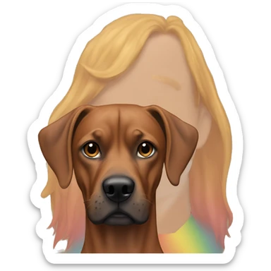 white male with long rainbow colored hair alongside a brown rhodesian ridgeback sticker