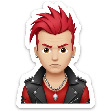 white guy rock singer with red mohawk hair, rebellious style, studded leather necklace sticker