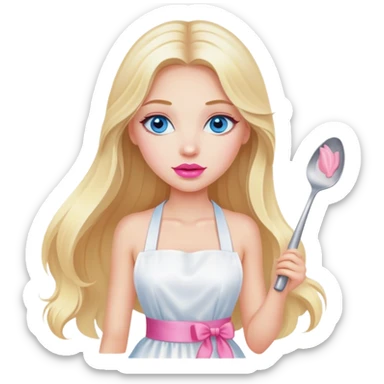 Cinematic realistic beautiful blonde with long hair, blue eyes and pink lips in a white dress cooks sticker