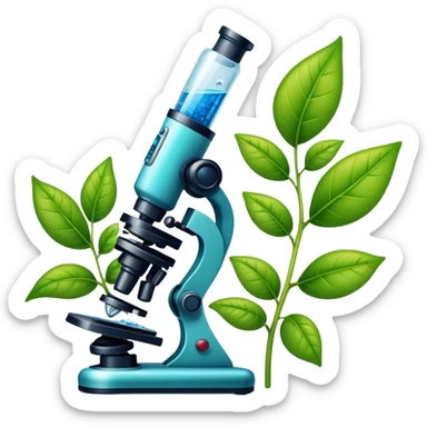 An icon featuring a DNA helix, a microscope, and a plant leaf, symbolizing biology. The design includes animal cells, a test tube, representing the study of life forms, ecosystems, and genetics. Transparent background highlights the exploration of living organisms. sticker
