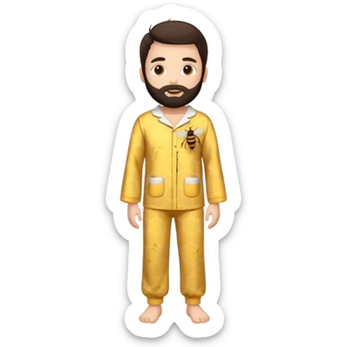 Grown up man with brown eyes, dark brown long hair, white skin, medium beard, full body in cute bee pijama sticker