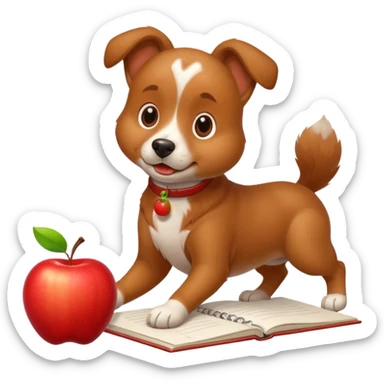 playful dog rolling on the floor with homework, apple style emoji sticker