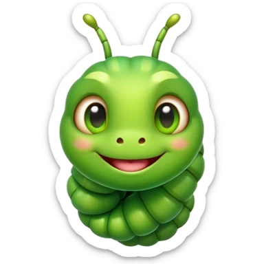 Cinematic Realistic Cute Caterpillar Portrait Emoji, Head tilted playfully and inquisitively, featuring a compact, segmented body in bright, vibrant green with delicate, inviting textures and a charming, rounded face with sparkling eyes full of curiosity, rendered with lifelike detail and natural highlights, high shine, affectionate and spirited, styled with a touch of garden whimsy, soft glowing outline, capturing the essence of a mischievous yet lovable caterpillar that seems poised to crawl cheerfully into your arms! sticker