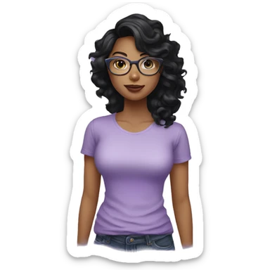  woman with long black wavy hair, fair skin, big lips, wearing lilac t shirt and glasses sticker