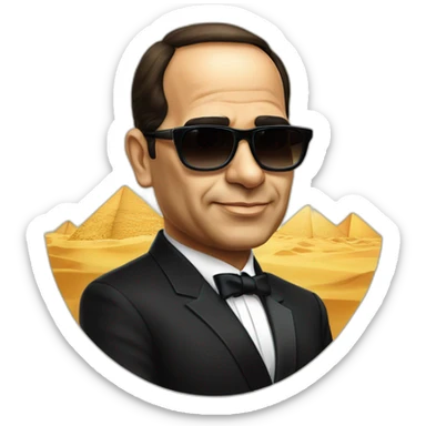 Satirical cartoon Egyptian President Al Sisi in a tuxedo wearing sun glasses with egyptian flag sticker