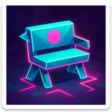 bench designed in the style of Just Shapes and Beats character, simple geometric shapes, vibrant neon colors, glowing edges, playful and energetic sticker