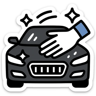elegant hand with white or black glove on the hood of a high-end car, water drops or shine, main color black with silver or white details, smooth motion lines suggesting cleaning, modern and clean icon sticker