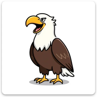cartoon bald eagle with open beak from front view, white head, yellow beak, brown body sticker