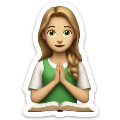A girl with light brown hair green eyes with a Bible praying to God sticker