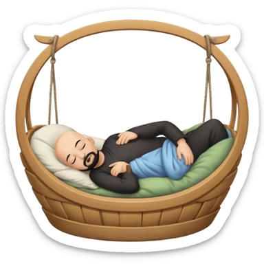 a bald man with a black goatee sleeping in a cradle sticker
