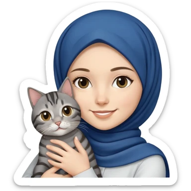 White girl wearing dark blue hijab with white shirt smiling while holding a black grey tabby cat sticker