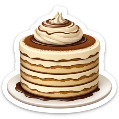 Tiramisu Cinematic Realistic Tiramisu Dessert Emoji, depicted as a delightfully messy, layered tiramisu with coffee-soaked sponge and mascarpone cream, rendered with rich textures and warm, indulgent lighting. sticker