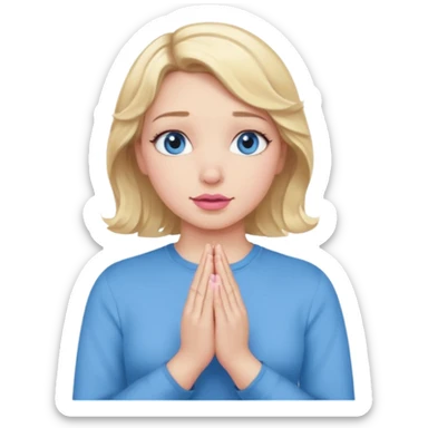Girl Blonde short wavy hair,  blue eyes, cute blue top, long lashes, pink lips, praying hands sticker