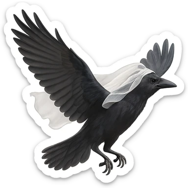 a flying raven with a delicate white bridal veil, graceful, minimal background sticker