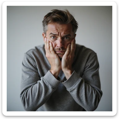 realistic 30-year-old man with evident anxiety, clenched jaw, arms tightly held by hands, fixed gaze, minimalist background sticker