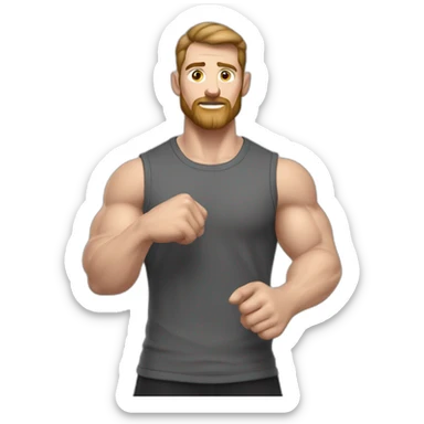 Close up Actively gesturing  with hands Pale skinned Fit Man With the biceps and brown hair in dark gray Sleeveless Mike, black oversize sports shorts, watch and white Sneakers sticker