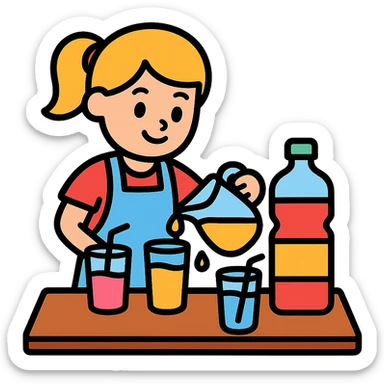 cartoon girl preparing cold drinks and juices on a table, bright colors sticker