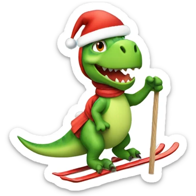 christmas dinosaur skiing while holding poles, cartoon, emoji, blank background sticker