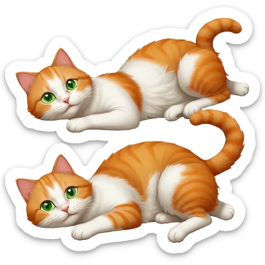 ginger and white cat with green eyes doing a big extremely long stretch reaching up into the air with arms and legs side by side together straight and overextended whilst lying on its side sticker