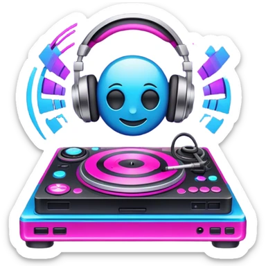 Create a dynamic and modern emoji that represents remixing music. The design should feature a turntable, a soundwave, and music editing software icons to symbolize the process of transforming original tracks. Add elements like a DJ controller or headphones to emphasize the remixing aspect. Use vibrant colors like neon pink, electric blue, and purple to convey the energy and creativity involved in remixing. The background should be transparent. sticker