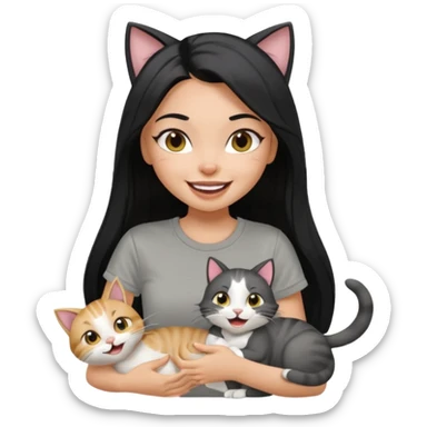 a pretty bratz dusky girl with long straight hair playing with 2 cats nd wearing a grey tshirt and laughing sticker