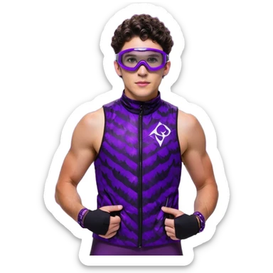 male athlete with white skin and moderately curly dark brown hair on top with shaved sides, wearing ski goggles with purple frames and very dark black lenses, a simple plain black chain necklace, and a completely unzipped sleeveless vest with purple and black sequin fire pattern design with no logo, fully revealing his chest, shoulders and arms, no earrings sticker