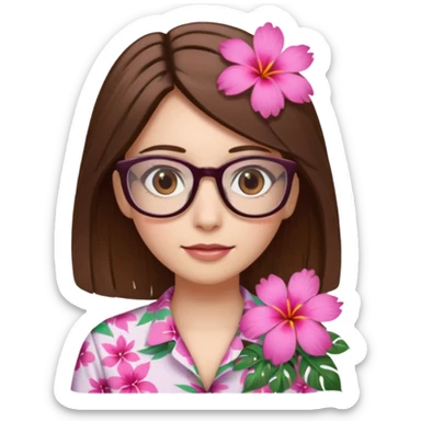 female with white skin. Shoulder length straight brown hair. Brown eyes with glasses. Hawaiian Flower in hair sticker