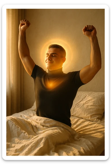 A cinematic photo of a man stretching in bed just after waking up, the morning sunlight flooding the room. His skin glows slightly, expression rested and serene. Muscles subtly defined, energy flowing through his posture. The air is filled with a golden calm. A symbolic glow surrounds his head and chest, representing mental clarity and physical recovery. The scene is clean, natural, minimalist. Rich in textures and realistic warmth. sticker