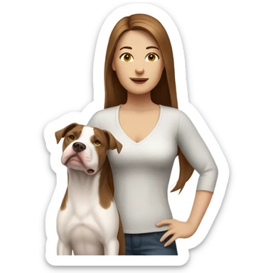 white woman with straight long brown hair standing alongside a white pitbull sticker