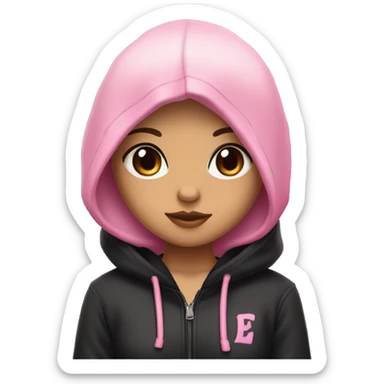 woman with tan skin, dark brown eyes, short neck length wolfcut, brown hair with pink only in the front, black hoodie with black hood on, emo, alt, e-girl sticker
