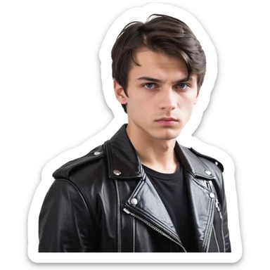 Danila Bagrov from Brother 2 movie, young Russian man with short dark hair, serious expression, wearing black leather jacket sticker