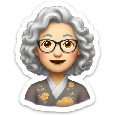 Chinese senior lady wear glasses has wavy long hair show love sign sticker