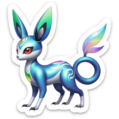 Shiny Colorful Futuristic Oriental Painted Asian Vernid-Trico-Meloetta-Latias-Koraidon-Peppercat-Protogen-Pokémon-Digimon-Fakémon-fusion-hybrid-creature sticker