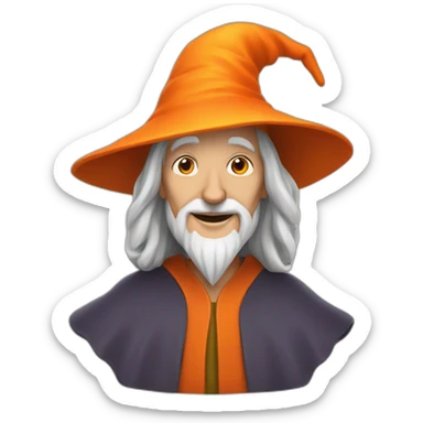 portrait of a wise wizard smiling, Merlin style, with an orange hat sticker