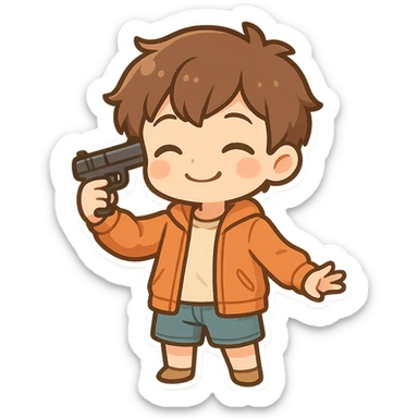 Young boy in shorts and an orange jacket with a gun to his own head, smiling sticker