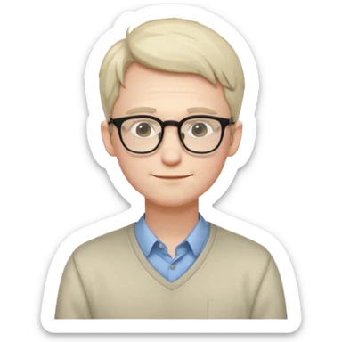 Timid adult male, pale skin, slim, soft features, glasses, slightly hunched posture, shy smile, casual nerdy clothes, small subtle blush, readable at small size, distinct from all other roles sticker