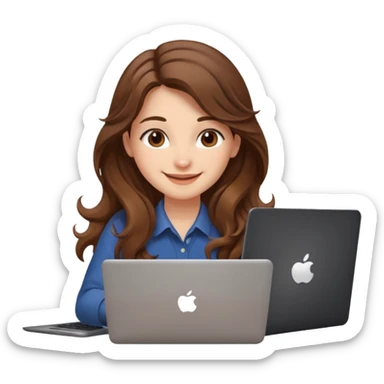 Sitting in front of a laptop in the style of a cute female developer. Not wearing glasses, smiling with long hair waves. Early 20s
 sticker