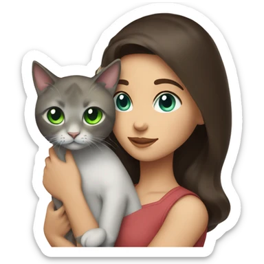 A brunette girl with green eyes holds a cat with blue eyes in her arms sticker