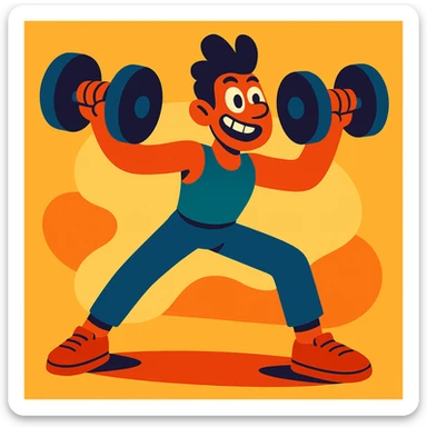 cartoon style energetic person doing dumbbell fly with dumbbells, mid-rep, dynamic pose sticker