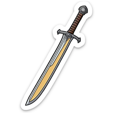 Battle-worn iron sword with leather handle sticker