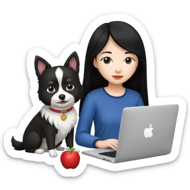 Asian girl with long black hair working on an Apple laptop, next to her is a small black and white dog with no collar on  sticker