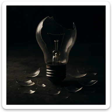 a broken lightbulb with exposed filament and scattered glass, moody atmosphere sticker