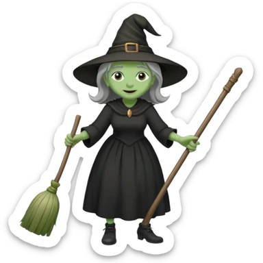 Old witch with green skin and a big nose waering a black dress and riding a broom sticker